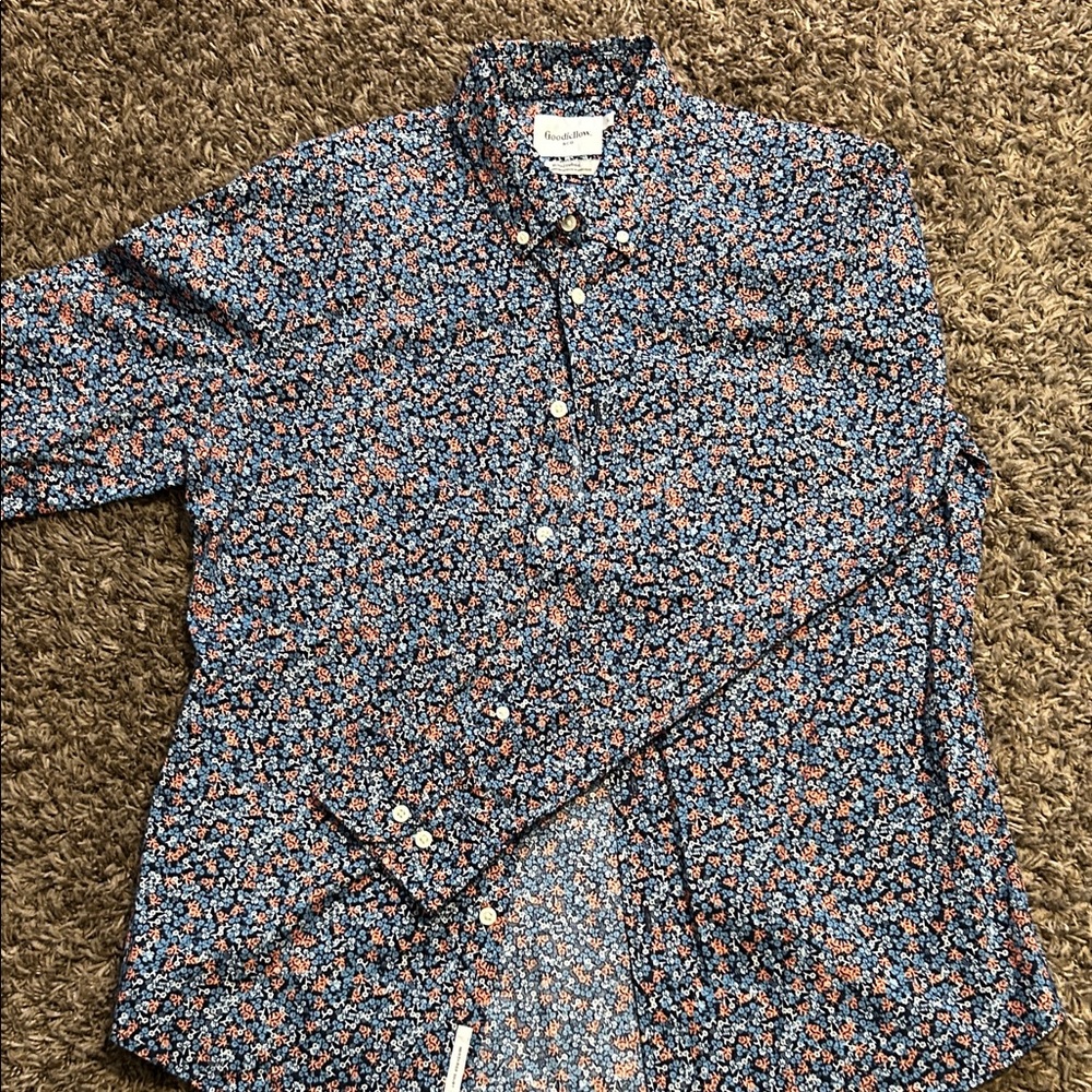 Goodfellow & Co Men's Blue and Orange Floral Button Down Shirt